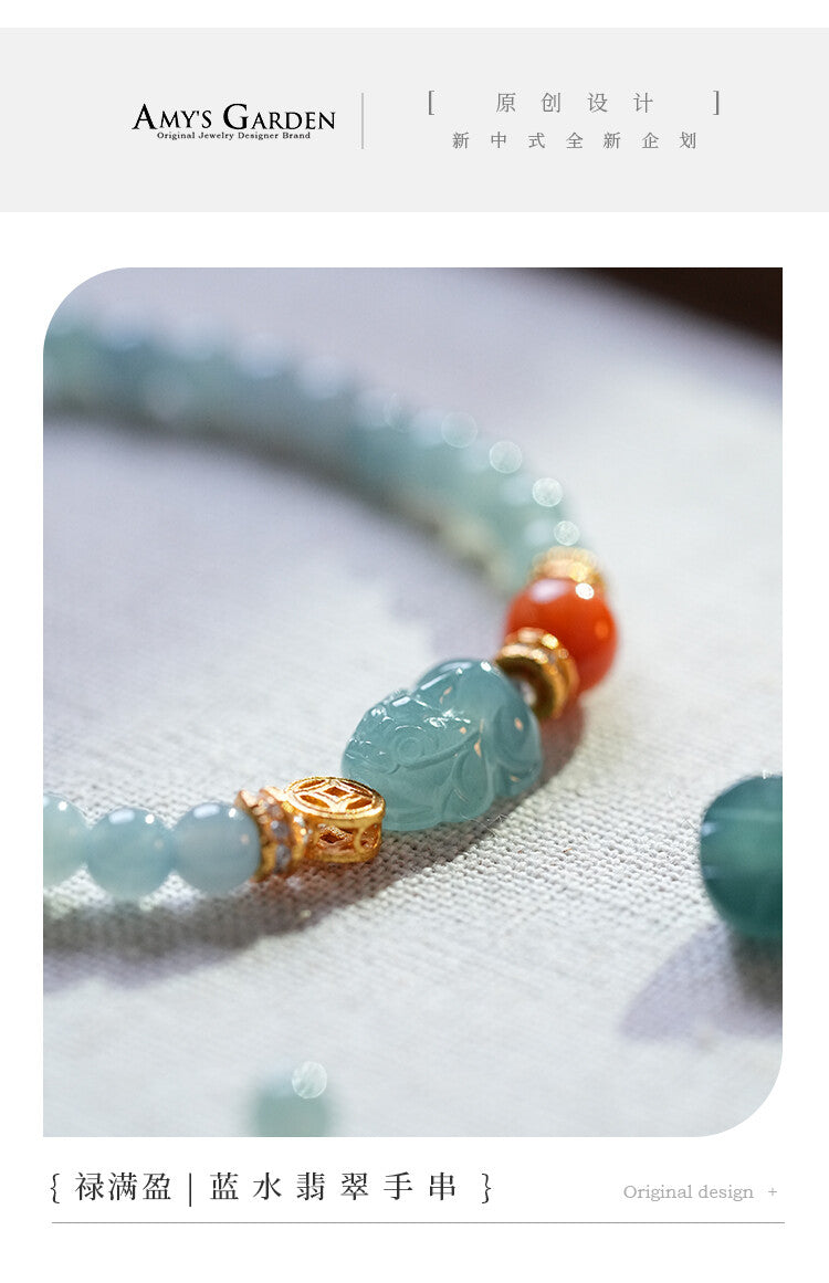 「Lumanying」Natural Blue Water Jade Bracelet for Women Gourd Original New Chinese Style Pixiu Bracelet