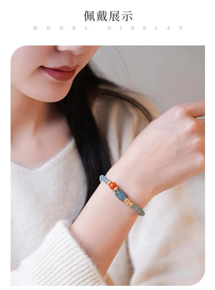「Lumanying」Natural Blue Water Jade Bracelet for Women Gourd Original New Chinese Style Pixiu Bracelet