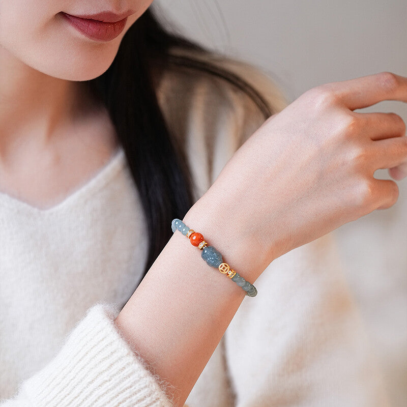 「Lumanying」Natural Blue Water Jade Bracelet for Women Gourd Original New Chinese Style Pixiu Bracelet
