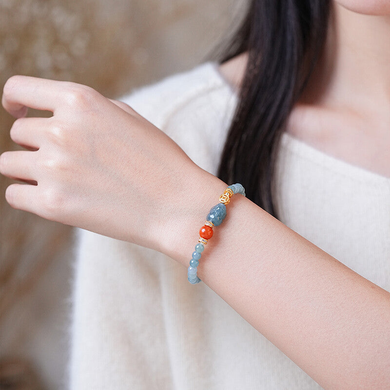 「Lumanying」Natural Blue Water Jade Bracelet for Women Gourd Original New Chinese Style Pixiu Bracelet