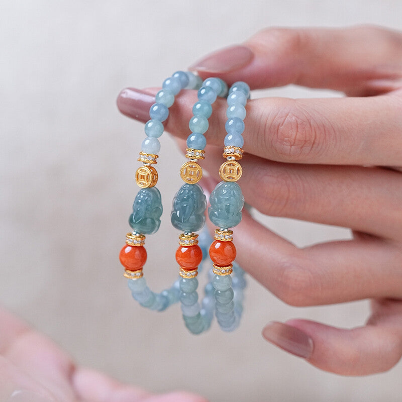 「Lumanying」Natural Blue Water Jade Bracelet for Women Gourd Original New Chinese Style Pixiu Bracelet