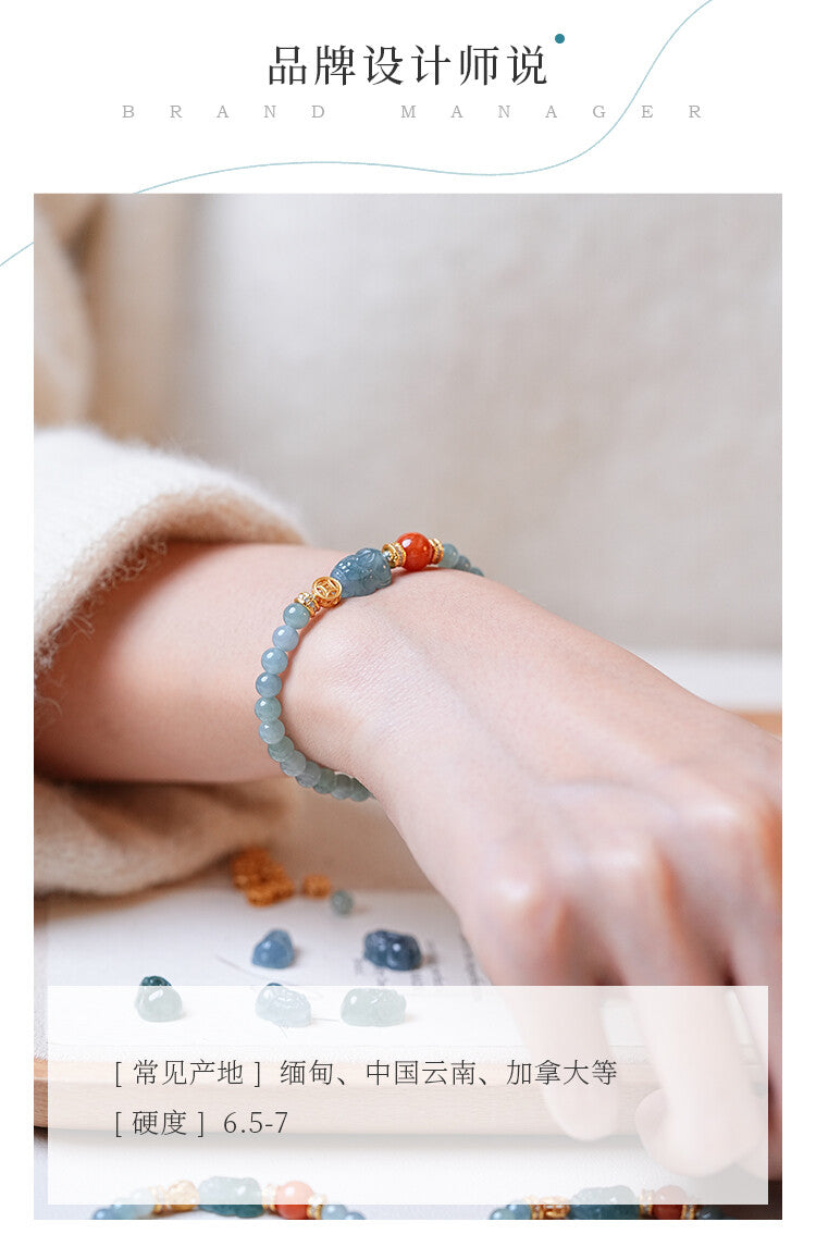 「Lumanying」Natural Blue Water Jade Bracelet for Women Gourd Original New Chinese Style Pixiu Bracelet