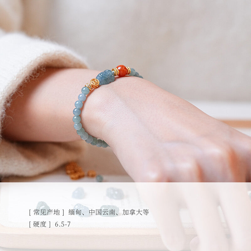 「Lumanying」Natural Blue Water Jade Bracelet for Women Gourd Original New Chinese Style Pixiu Bracelet