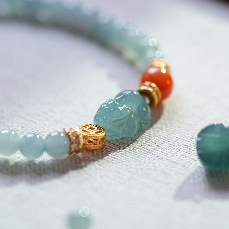 「Lumanying」Natural Blue Water Jade Bracelet for Women Gourd Original New Chinese Style Pixiu Bracelet
