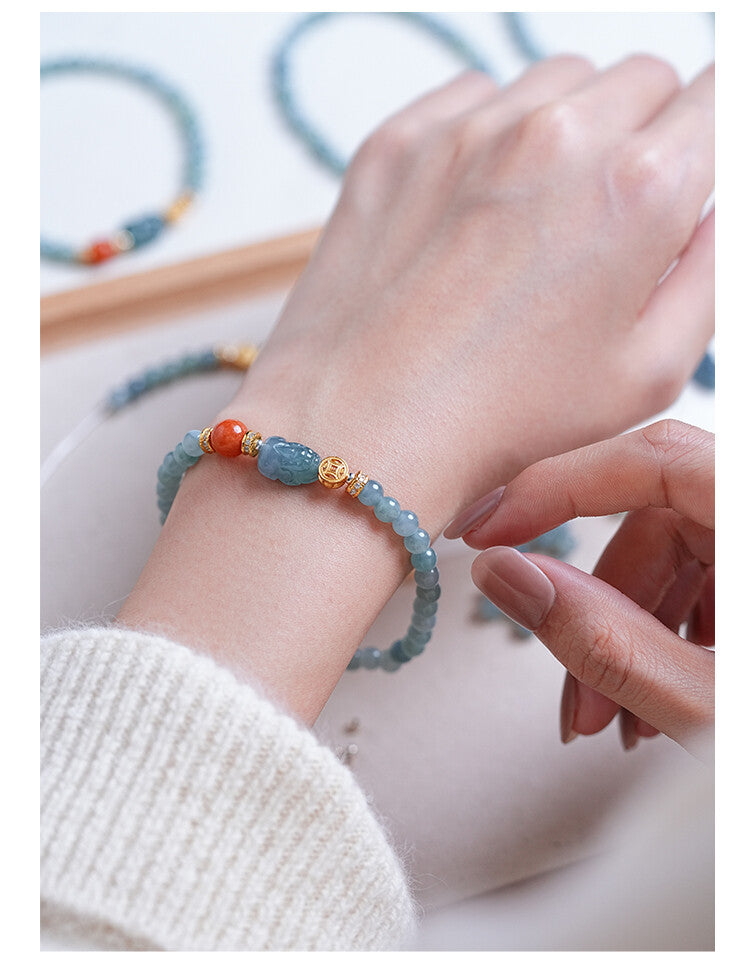 「Lumanying」Natural Blue Water Jade Bracelet for Women Gourd Original New Chinese Style Pixiu Bracelet